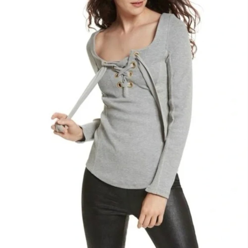 Free People Looking Back Gray Lace Up Front Long Sleeve Top Size: S